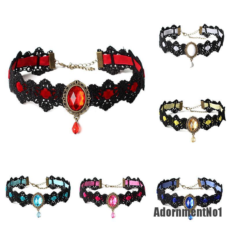 (Adornmentno1) Kalung Choker Lace Hitam Hias Kristal + Rantai Gaya Vintage / Gothic Untuk Wanita