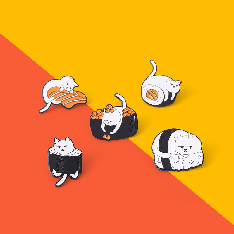 Sushi Cat Enamel Pin Custom Cuisine Rice Roll Cat Brooches Cartoon Kitten Badges Bag Clothes Pins Jewelry Gift for Cat Lover