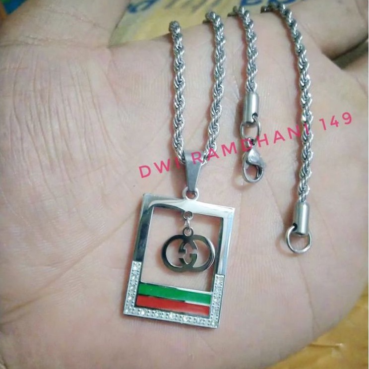 Kalung titanium wanita liontin gucci square 60 cm anti karat selamanya