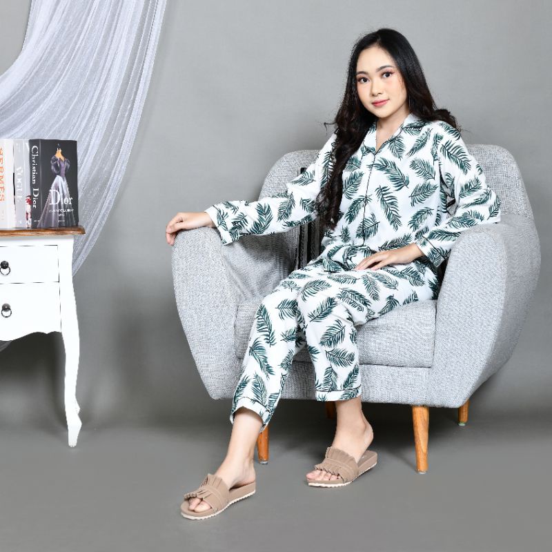 Baju Tidur Piyama Wanita/Cewek Pajamas Dewasa Katun Motif Coco Daun PP Lengan Panjang Kekinian