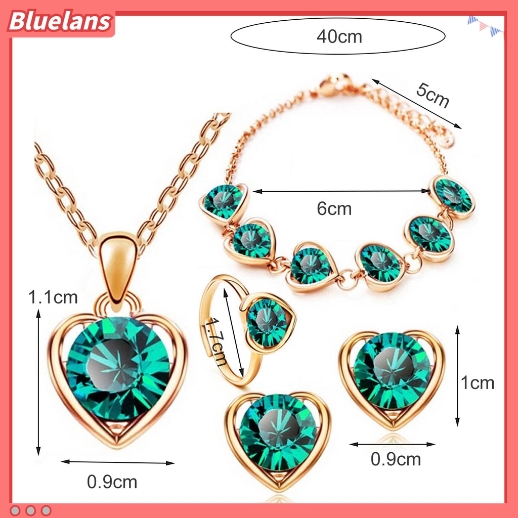 4pcs / Set Kalung Anting Gelang Cincin Liontin Hati Aksen Berlian Imitasi Adjustable Untuk Wanita