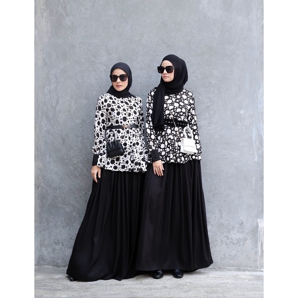 Ounadoutfit dress gothic polkadot busui wanita kekinian hitam putih / homedress rayon motif / outfit muslim motif / dress monocrom / baju polkadot wanita