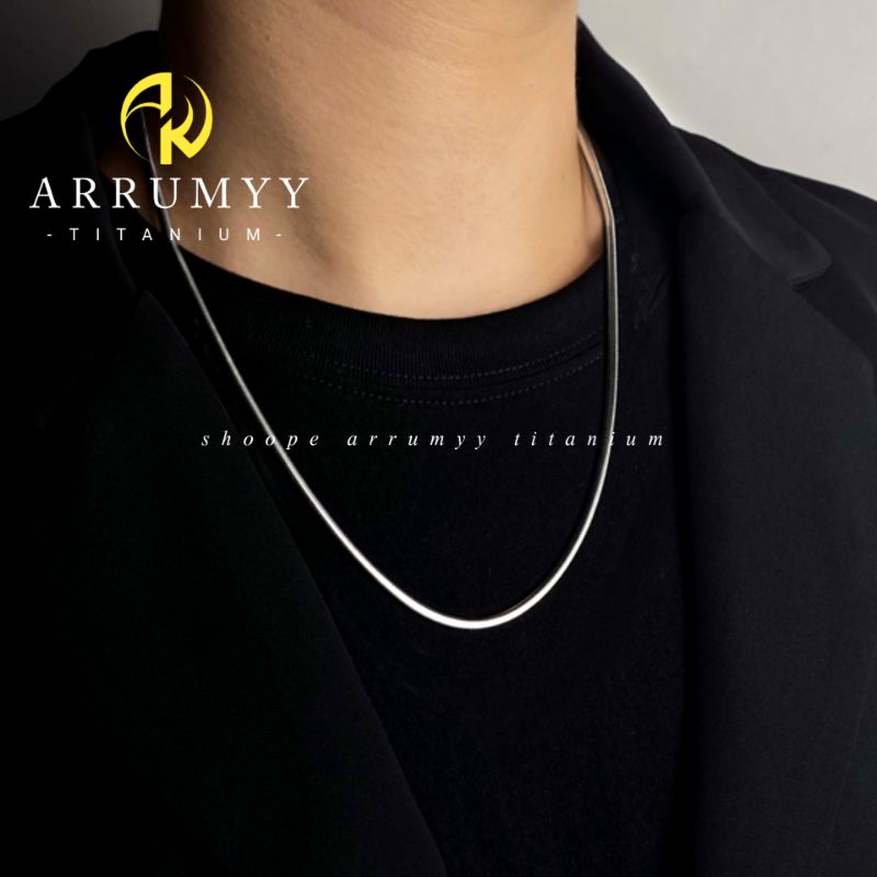 ARRUMYY kalung pria wanita real titanium silver panjang 45cm 50cm 60cm Lebar 2mm  model pipih gepeng