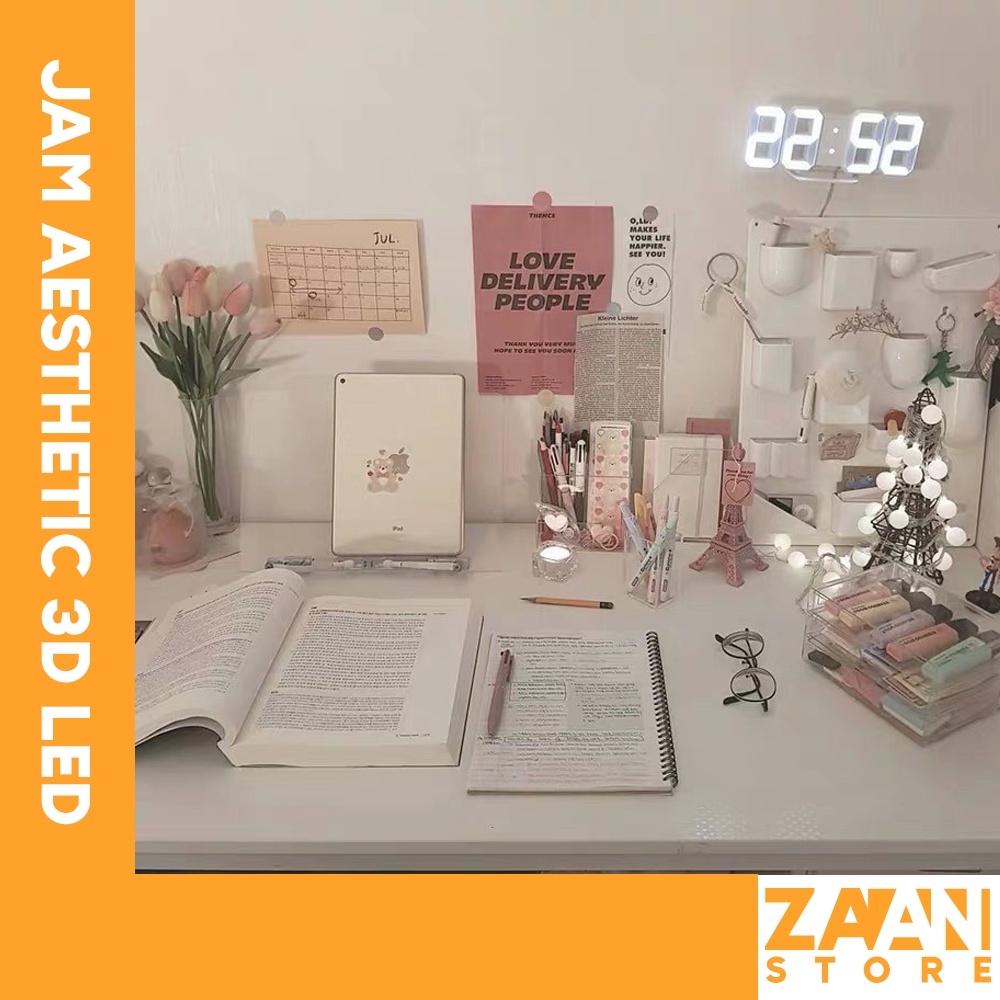 Jam Dinding Aesthetic 3D LED Alarm / Jam Meja Digital Kayu LED / Jam Kaca Dekorasi Ruangan Unik