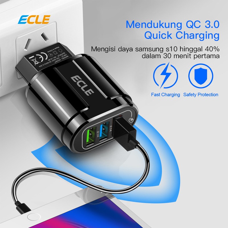 Original Kepala Charger/Adaptor Charger 2.1A Fast Charging 3 lubang USB (Iphone/Android)