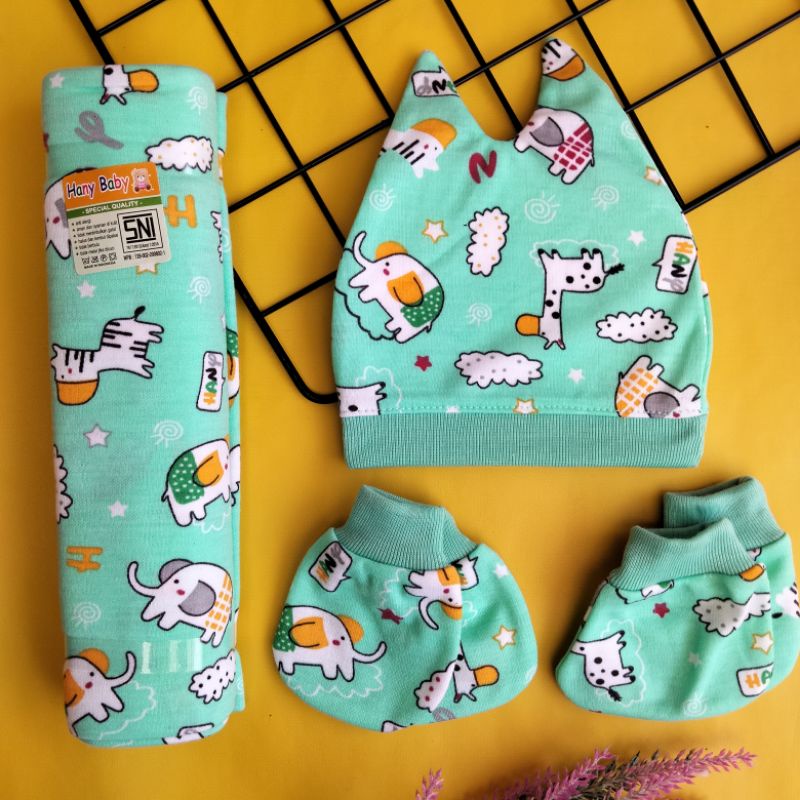 4in1 set bedong + sarung tangan + sarung kaki + topi kupluk bayi newborn printing