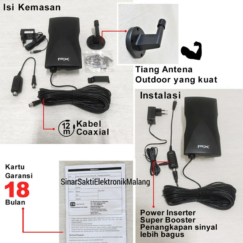 Antena TV PX DA 5900 B Indoor Outdoor Anten Digital Analog + Kabel 12M Antene Booster Malang Murah Promo