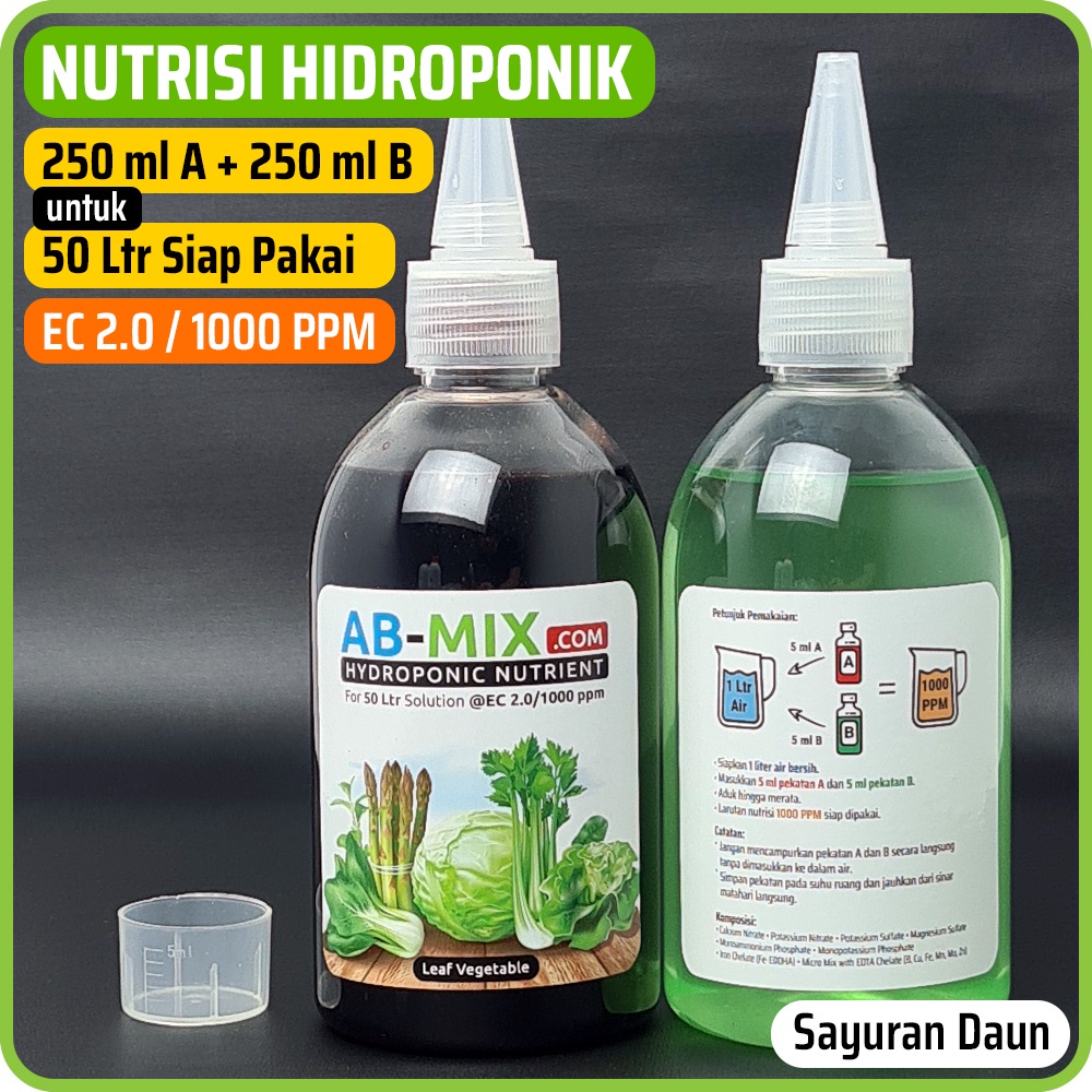 Nutrisi Hidroponik AB Mix Cair 250 ml untuk 50 Ltr @ EC 2.0 / 1000 PPM