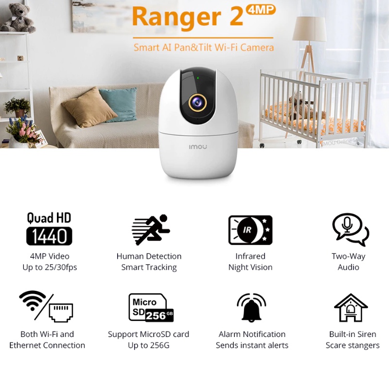 Imou Ranger 2 IP Camera CCTV Wi-Fi Indoor H.265 4MP QHD Pan &amp; Tilt for 360° Coverage Human Detection Smart Tracking Night Vision Privacy Mode