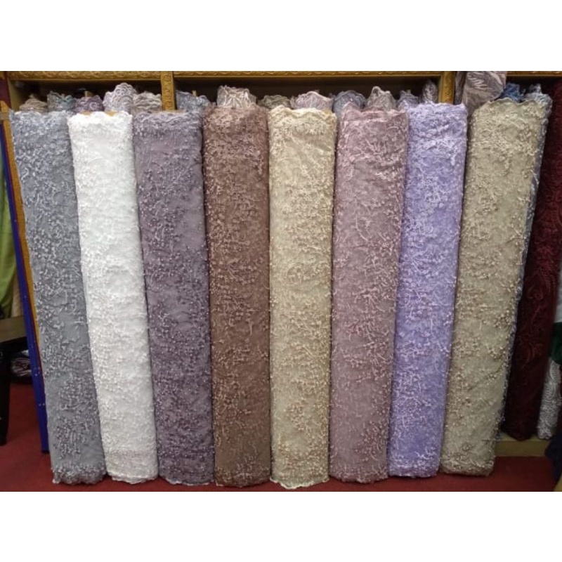 KAIN TULLE MUTIARA / BAHAN KAIN TILE BORDIR / TILE MUTIARA FULL /TULLE AKAR