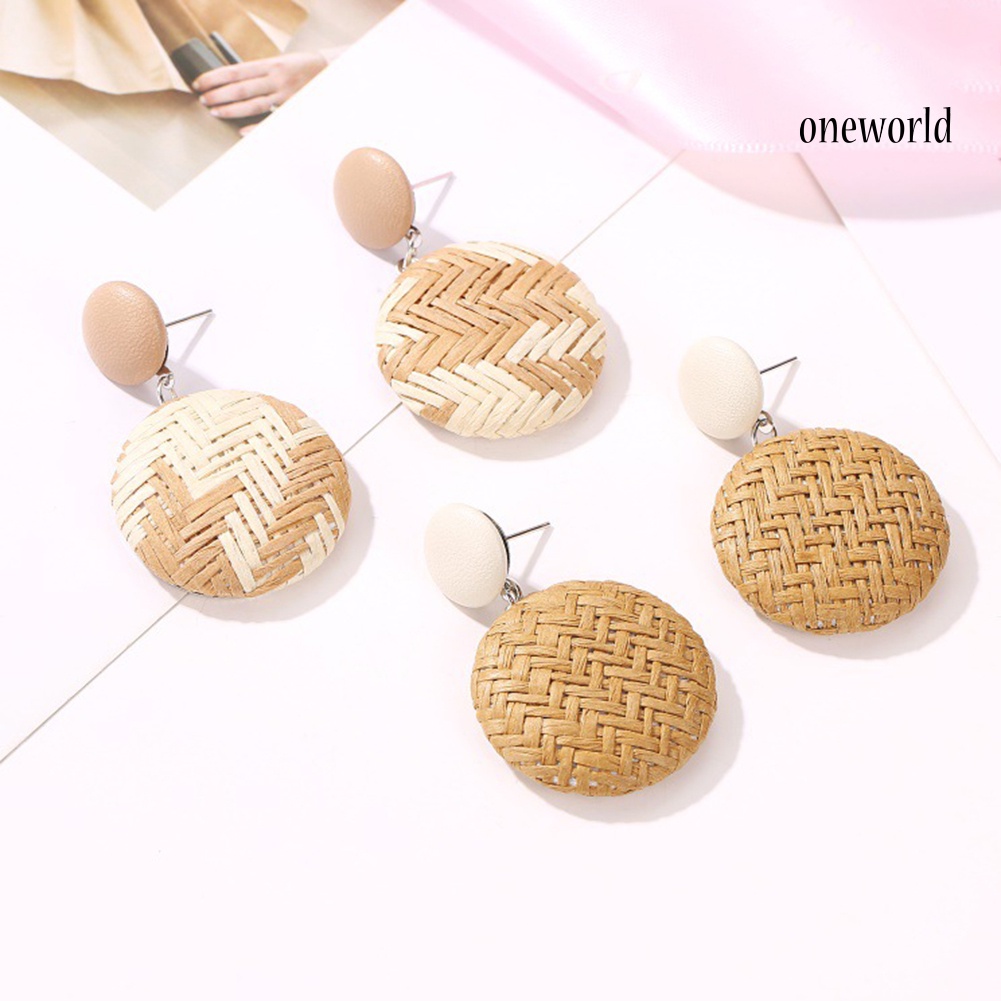 OW@ Boho Women Geometric Round Button Woven Straw Dangle Stud Earrings Jewelry