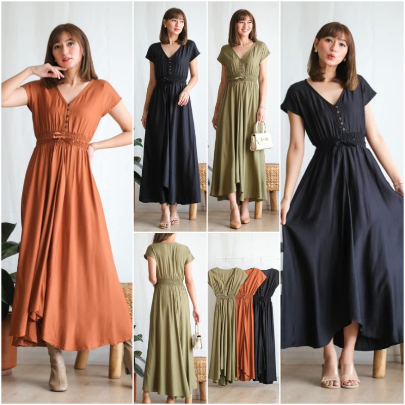 ⚡️CLEARANCE SALE ♡ PREMIUM ♡ ORIGINAL ! YULISA VINTAGE V-NECK BUTTON ASYMMETRIC RAMPLE MAXI DRESS ( BUSUI FRIENDLY )