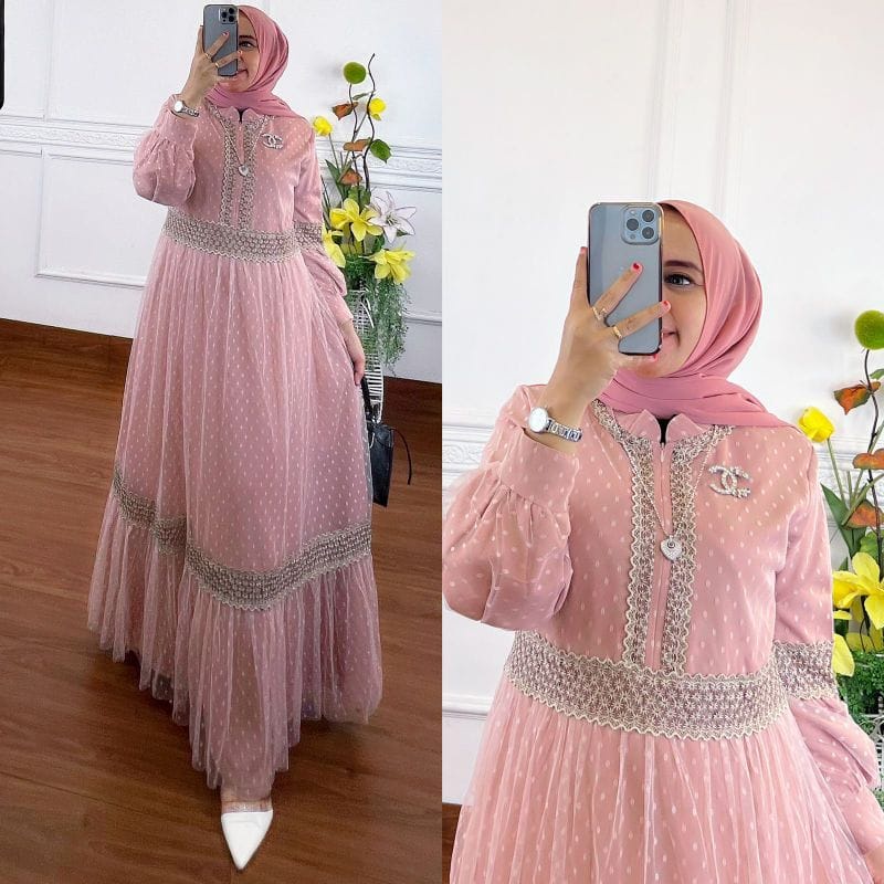 COD - Khalisa Dress Gamis Tille Dotty Full Puring Aksen Renda Brukat Ld 110 Fit To XL Fashion Muslim Wanita Gaun Maxy Maxi Pesta Kondangan Termurah-2