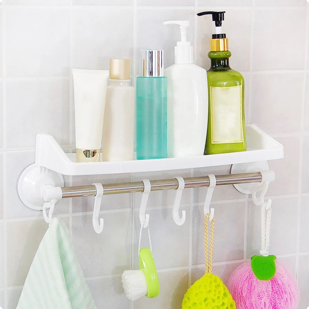 Rak Holder Gantung Handuk dan Tempat Sabun Shampoo Tempel Dinding Kamar Mandi Dapur 2IN1 / Holder Tempat Shampo Spons Baju Botol Kecap Peralatan Bumbu / Silicone Suction Vakum Tanpa Paku