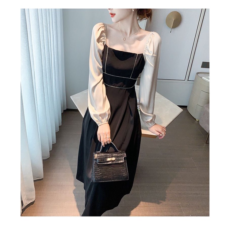 middi dress korea/ Dress Pesta Wanita Model Lengan Panjang Motif Lis Putih Dan Lengan Two Tone/ baju korea/ pakaian korea/ baju wanita/dress wanita/DRESS KOREA STYLE/ KOREAN DRESS/ DRESS WANITA KEKINIAN KOREA DRESS/BAJU KOREA/ PAKAIAN WANITA KOREA
