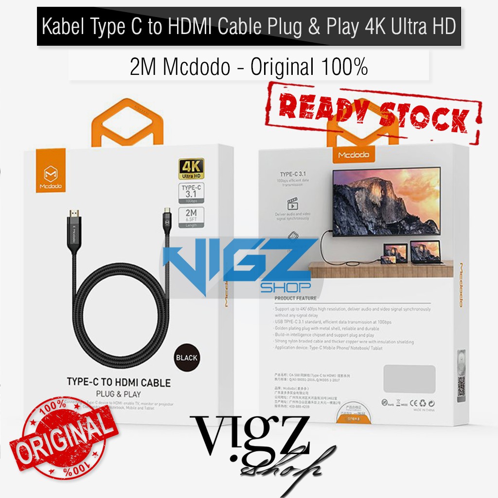 Kabel Type C to HDMI Cable Plug &amp; Play 4K 2M Mcdodo Original CA-588