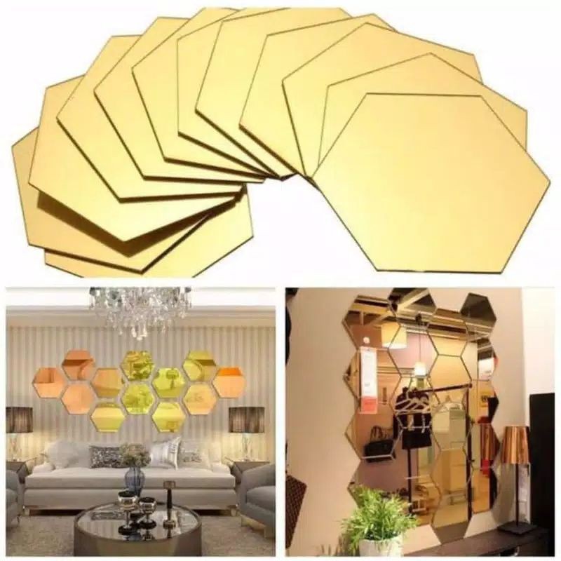 sticker dinding hexagon mirror, Sticker hexagon, Sticker mirror 12pc kecuali XL 7pc