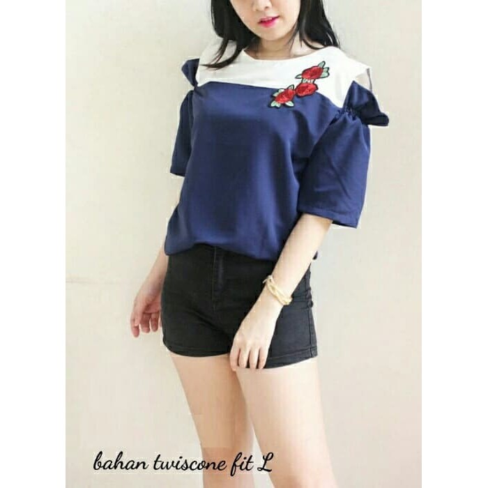 Jual- Blouse (M - Fit L) FILOTO NAVY - Twistcone Bordir Tempel Murah dan Bagus