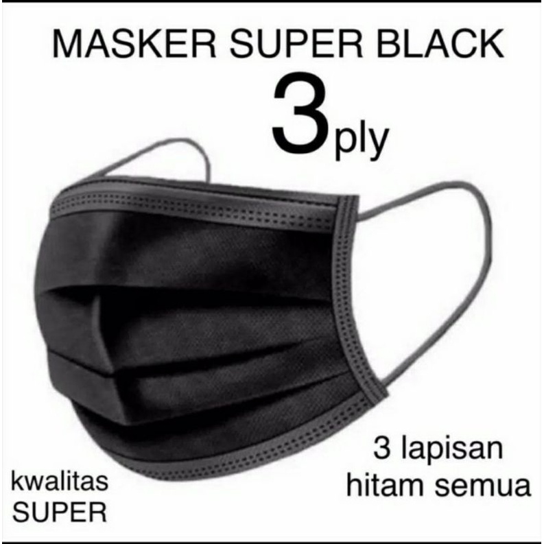 Masker Hitam Black 3ply isi 50pcs Depan Belakang Hitam Full Black Tebal