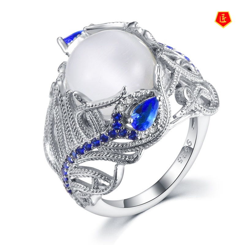 [Ready Stock]Moonstone Opal Flower Ring Inlaid Sapphire Fashion Elegant