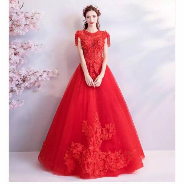 Gaun pengantin rose red A-line wedding gown party dress evening prom mc singer dress