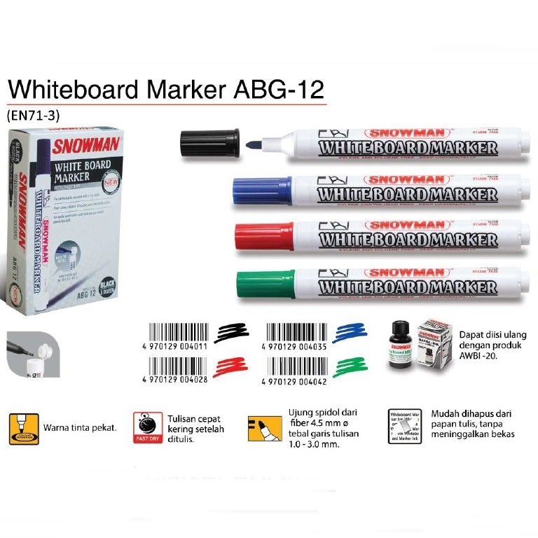 Spidol Snowman Whiteboard ABG12 / Spidol Non Permanen Bisa Dihapus / Spidol Board Marker 102