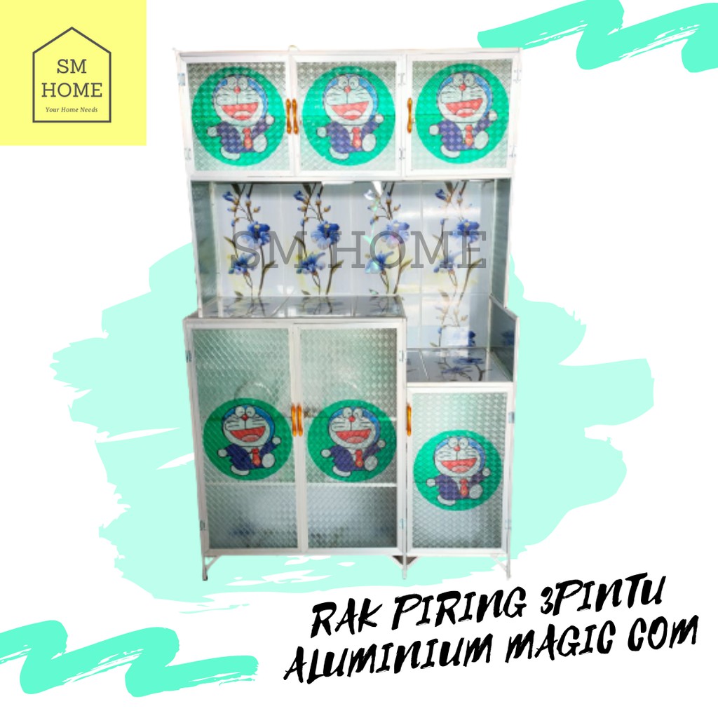 RAK PIRING ALUMINIUM 3PINTU BAWAH KERAMIK MAGICCOM RATA LEMARI DAPUR KACA