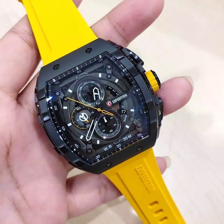 Jam Tangan Original Expedition E 6751 pria tali karet kuning hitam lis putih