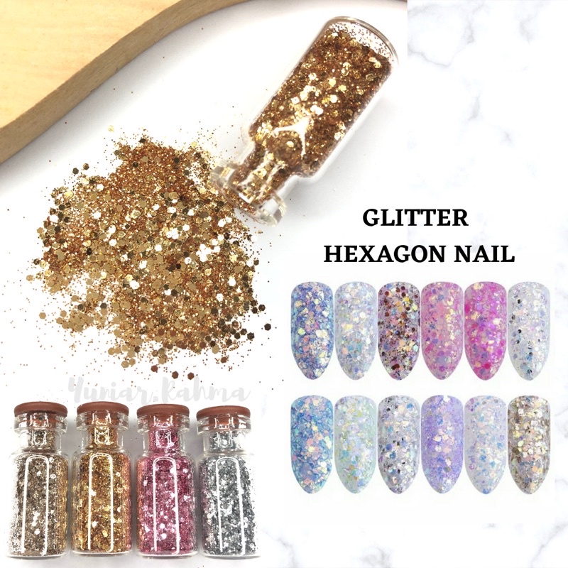 6 WARNA GLITTER HEXAGON NAIL ART KLIP