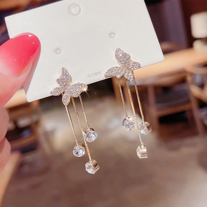 Anting 925 Silver Needle Desain Kupu-Kupu Aksen Berlian Penuh Gaya Perancis Untuk Wanita