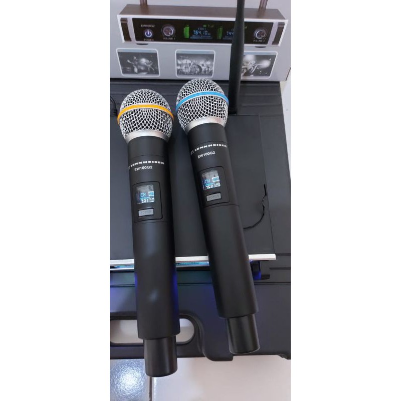 mic wireless sennheiser EW100G2 free koper mic sennheiser EW 100G2 wireless microphone double mic handle sennheiser body full besi good quality microphone artis mic profesional mic good quality microphone double mic handle