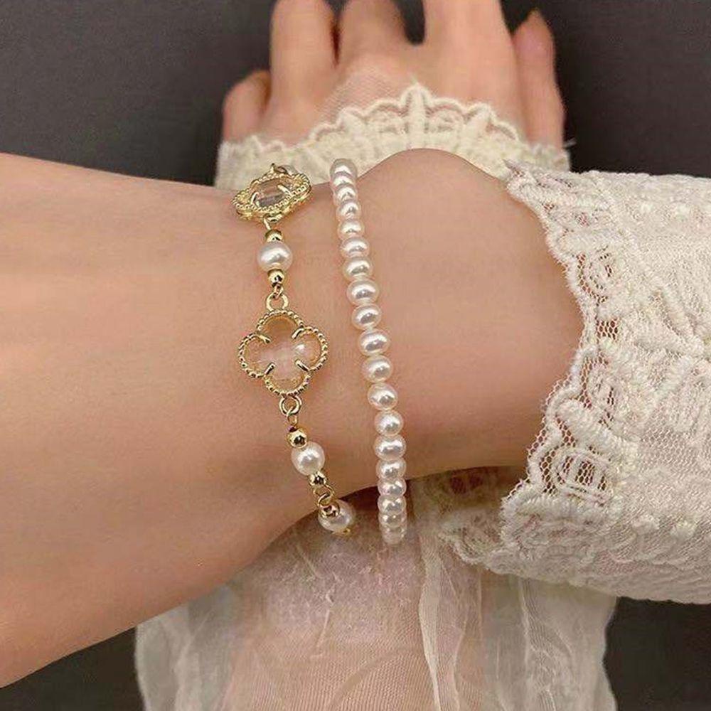 [Elegan] Gelang Semanggi Beruntung Lucu Temperamen Unik Mutiara Yang Dapat Disesuaikan Aksesoris Perhiasan Pesta Korea Style Jewelry