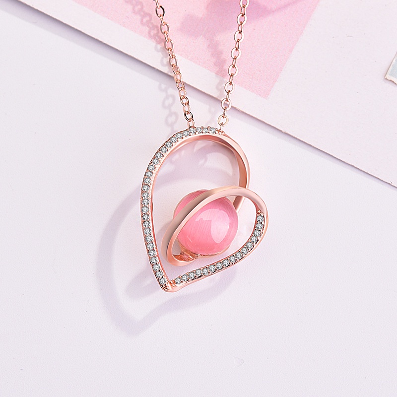 [Ready Stock]Fashion Inlaid Pink Crystal Necklace Sweet Loving Heart Pendant