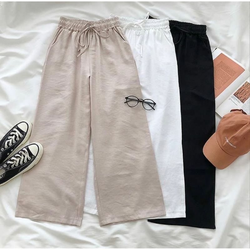 Celana kulot linen rami HIGHWAIST pinggang Full karet Ukuran allsize  tali pinggang