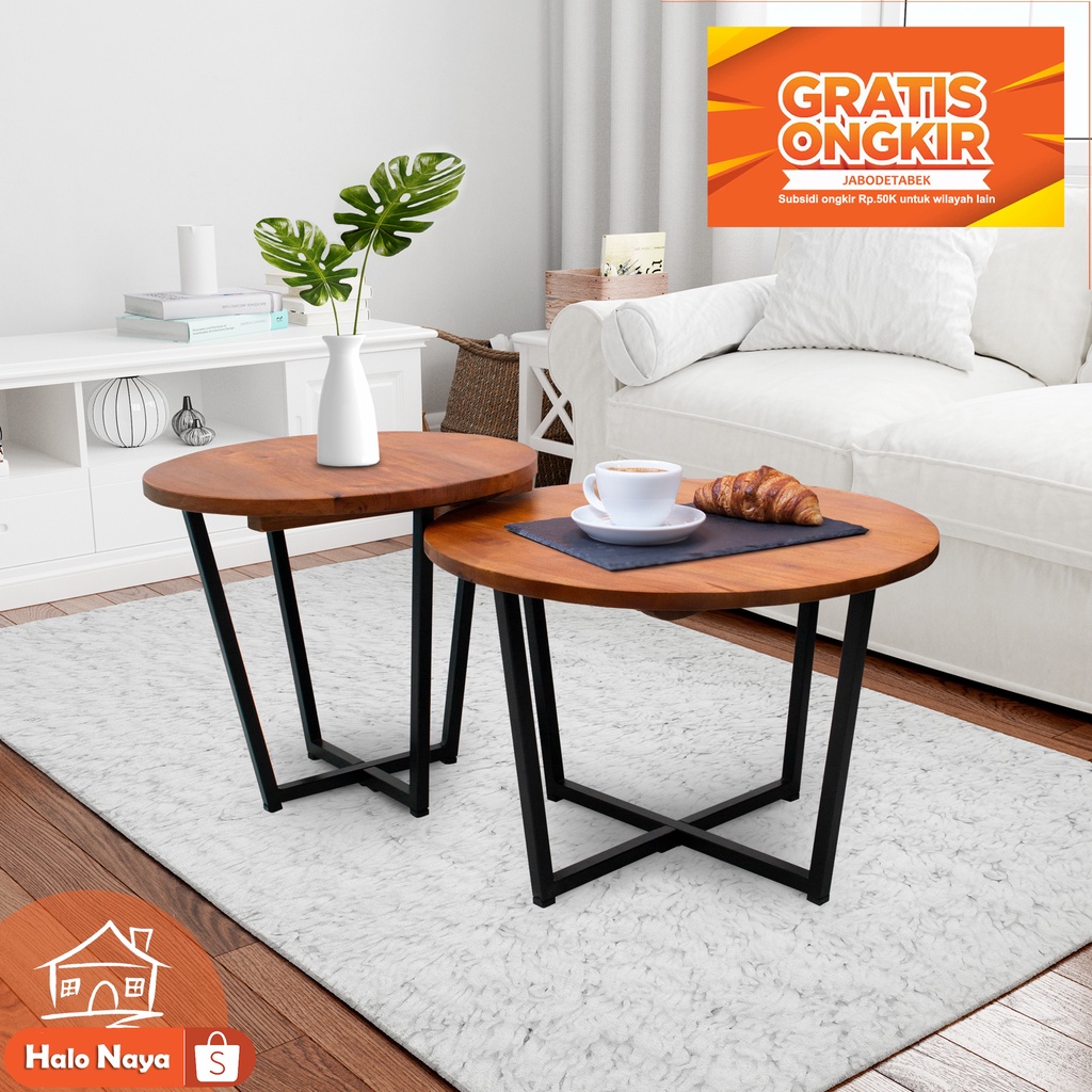 Meja Tamu Coffe Side Table Bulat Natural Minimalis kayu Solid Kaki Besi Meja Sisi Sofa HALO NAYA