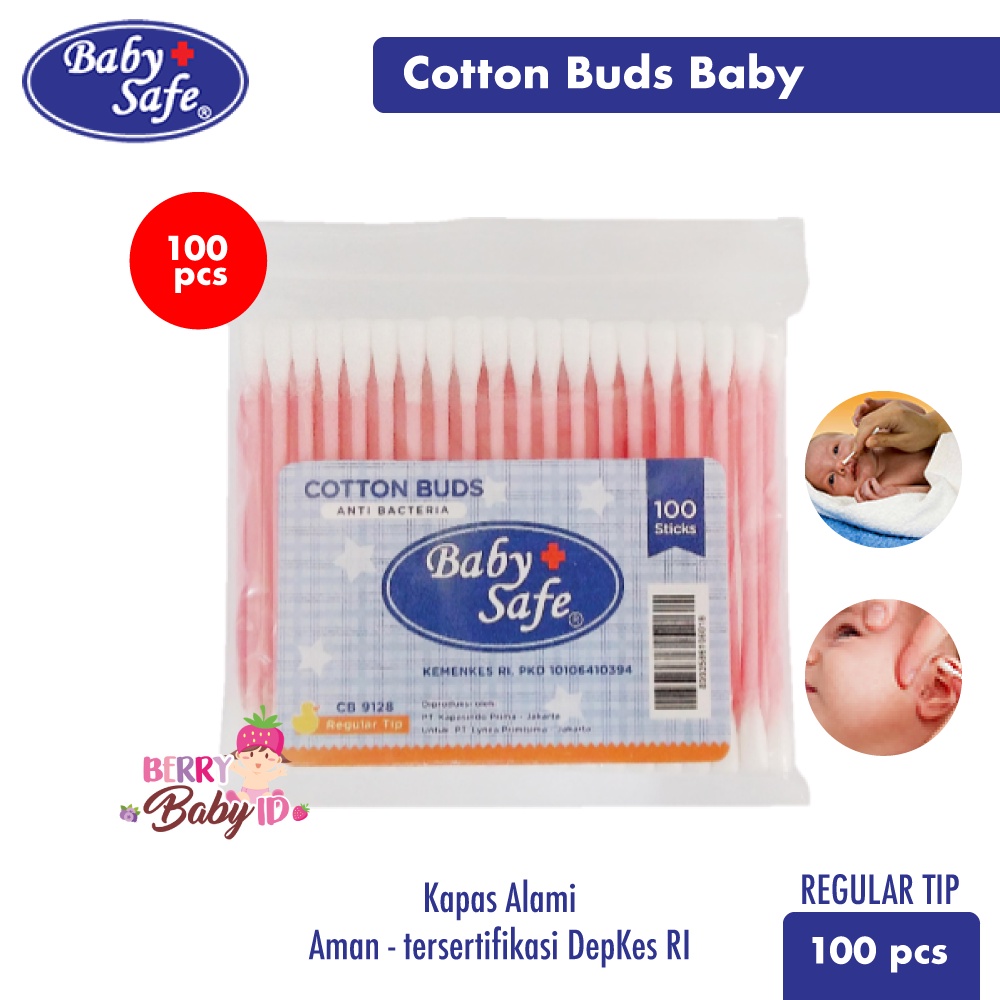 Baby Safe Cotton Buds 100 pc Refill Pack - Korek Kuping Kapas Regular Tip BBS010 Berry Mart