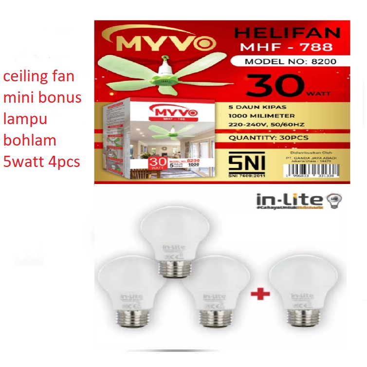 Ceiling Fan Mini [Kipas Angin Plafon Mini] Bonus Lampu Bohlam Inlite 5watt