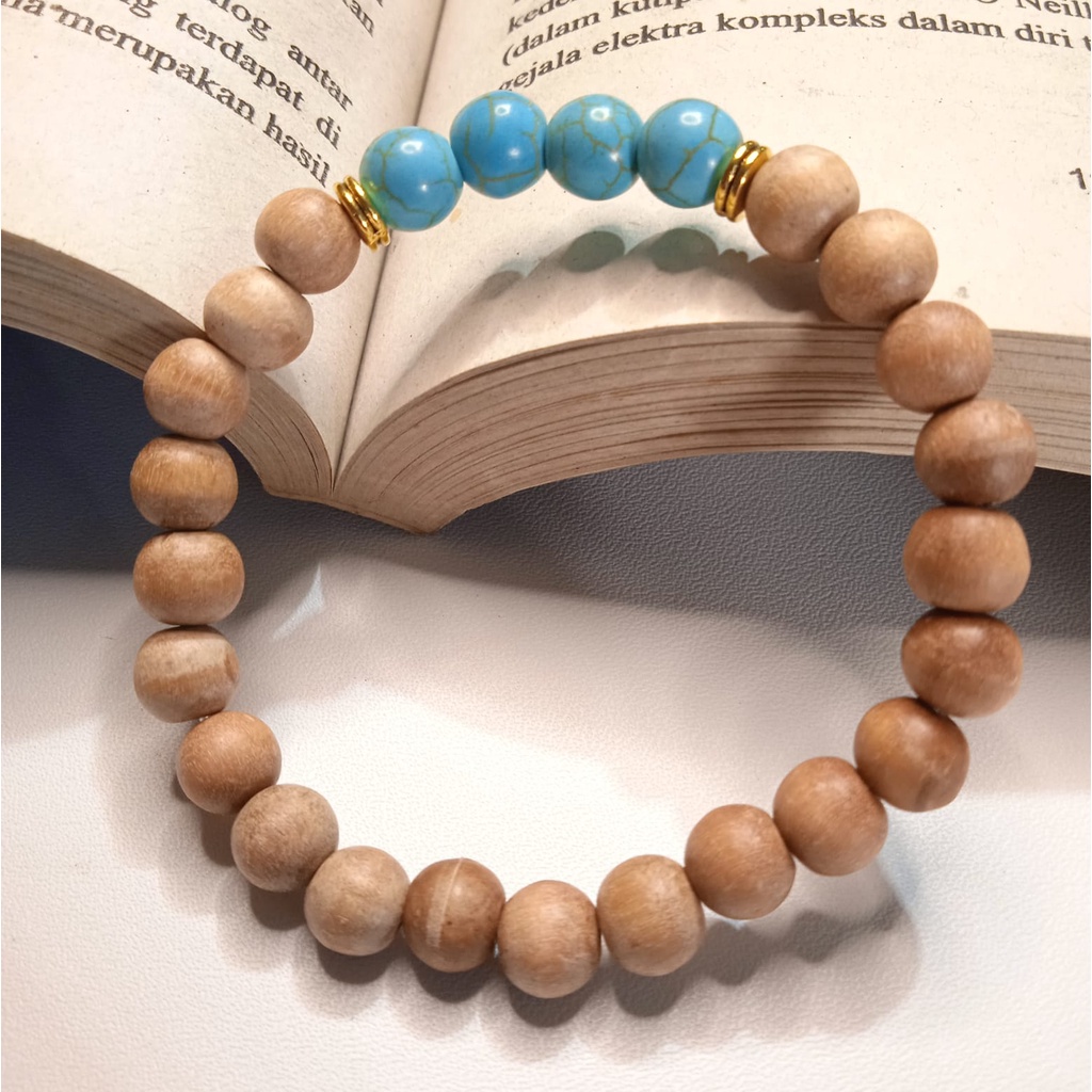 Gelang Batu Original Handmade Kayu Cendana Kombinasi Batu Alam Turquoise Biru