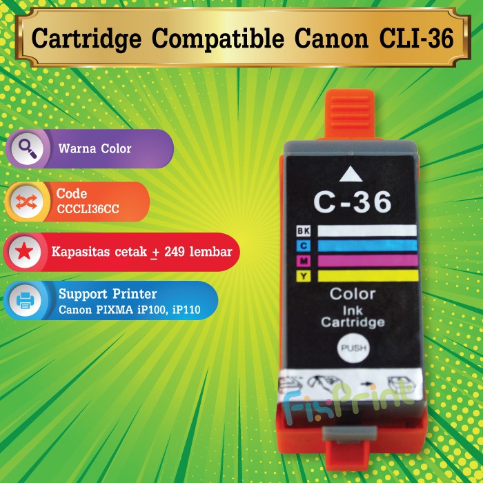 Cartridge Tinta Compatible Canon CLI-36 CLI36 CLI 36 C-CLI36 CL36 CL 36 Tri-Color Plus Chip