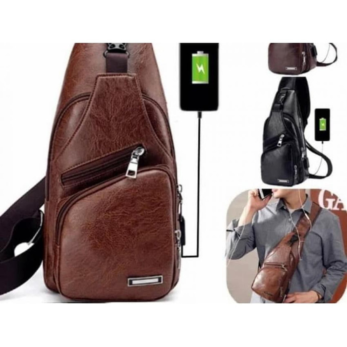 Tas Selempang NEW KULIT Pria Sling Bag Kulit USB Port