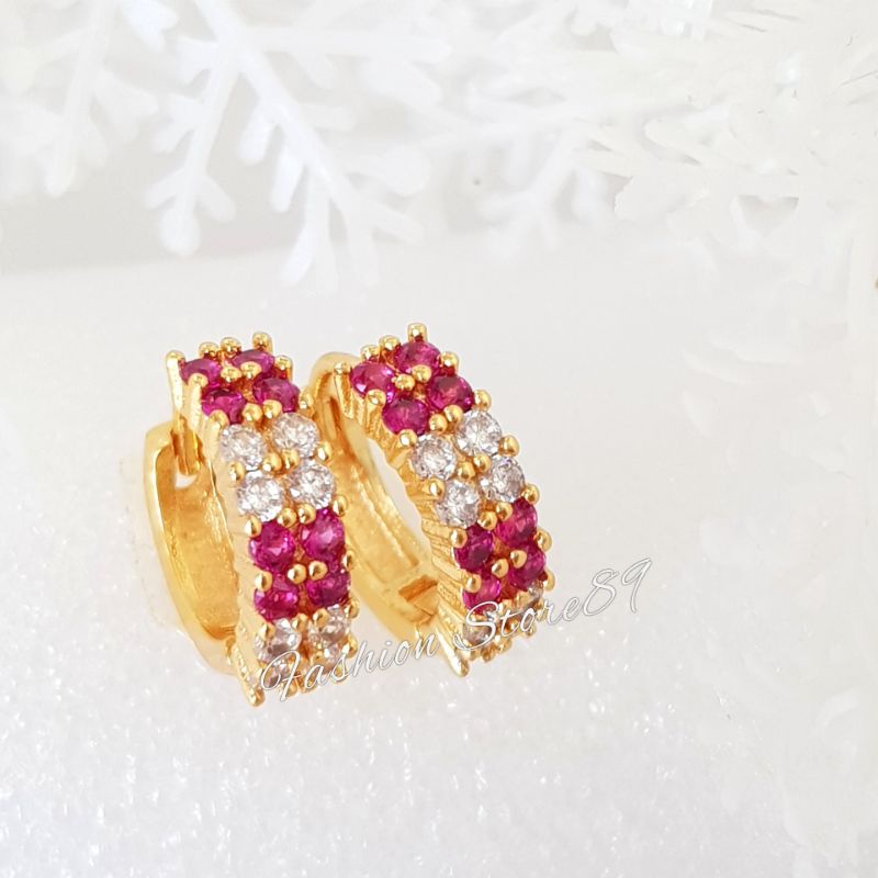 Anting Jepit Permata Kombinasi Pink White Impor Bestquality Perhiasan Lapis Emas Elegant Anting Jepit Permata Pink white Fashion