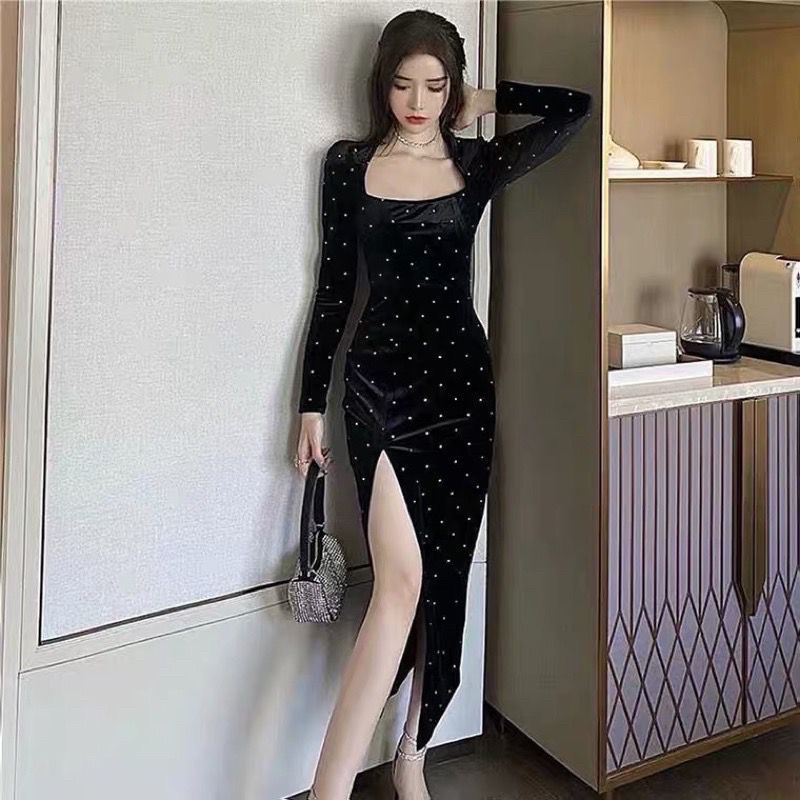 DB3 Korean velvet midi dress lengan panjang leher kotak polkadot blink blink / bodycon dress elegant / Party dress / gaun malam