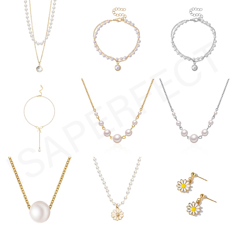 Fashion Retro Mutiara Logam Gaya Korea Kunci Kalung Multilayer Liontin Wanita Emas Rantai Kalung Perhiasan Aksesoris