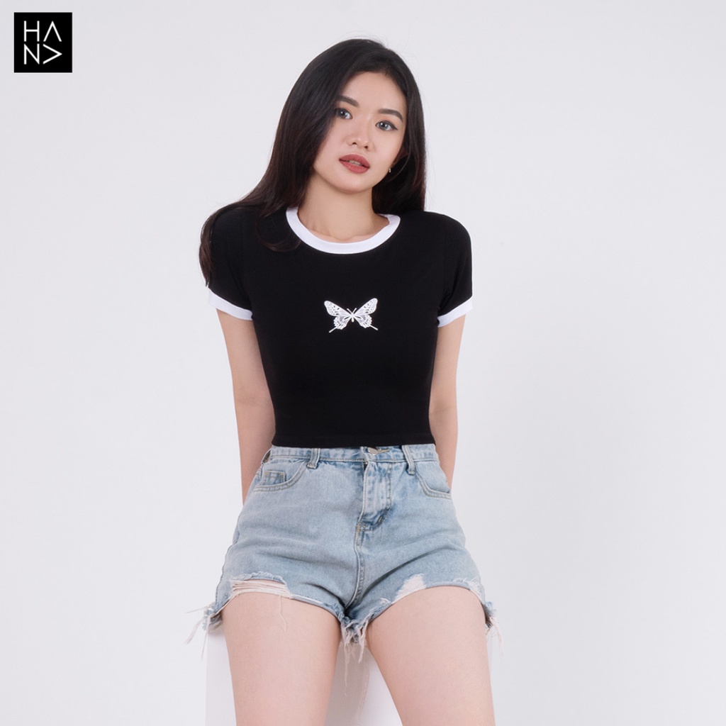 HanaFashion JKT - Butterfly Crop Top Kaos Lengan Pendek Wanita - CT061