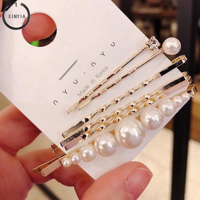 Jepit Rambut Wanita Jepit Rambut Korea dengan Mutiara + Berlian Imitasi untuk Wanita