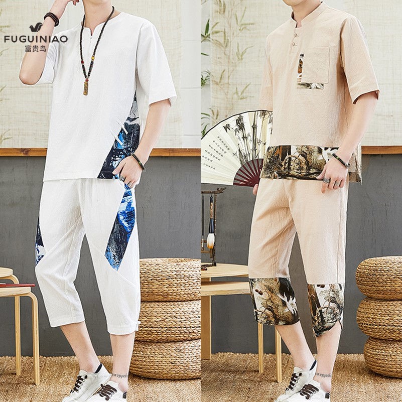 Fugui bird Musim panas jas pria gaya Cina katun dan linen setelan kasual lengan pendek celana longg