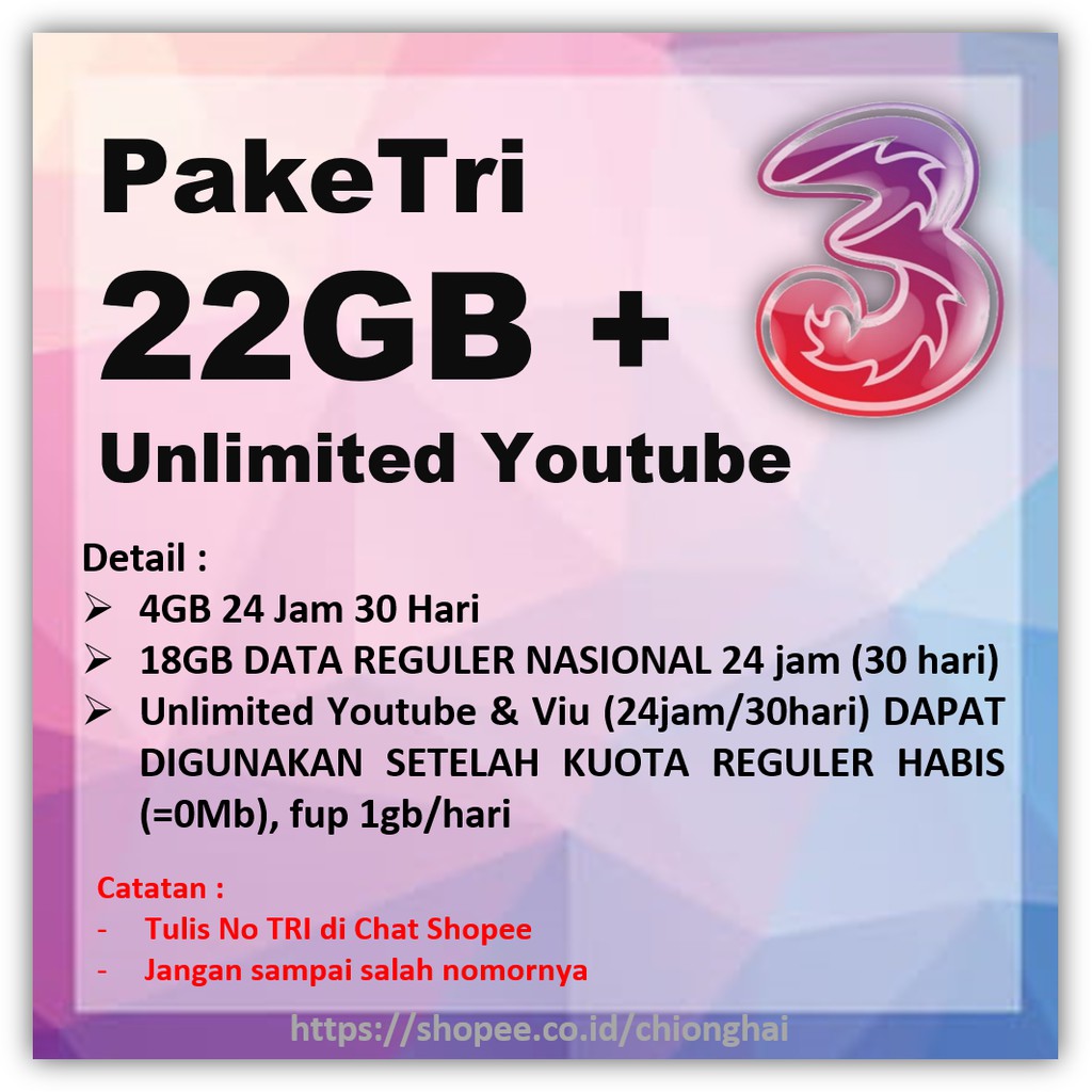 Murah Kuota Tri Paket Kuota Isi Ulang 3 Three 22gb Unlimited Youtube Shopee Indonesia