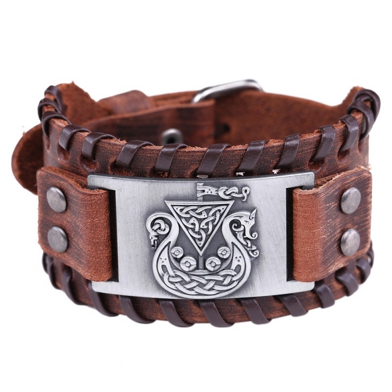 [Z H Perhiasan] Hip Hop Rock Retro Pria Fashion Stainless Steel Viking Rune Gelang Kulit Pesta Perhiasan Aksesoris