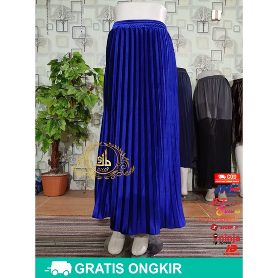 Rok Bludru Velvet Panjang Plisket Premium-ROK Electric blue