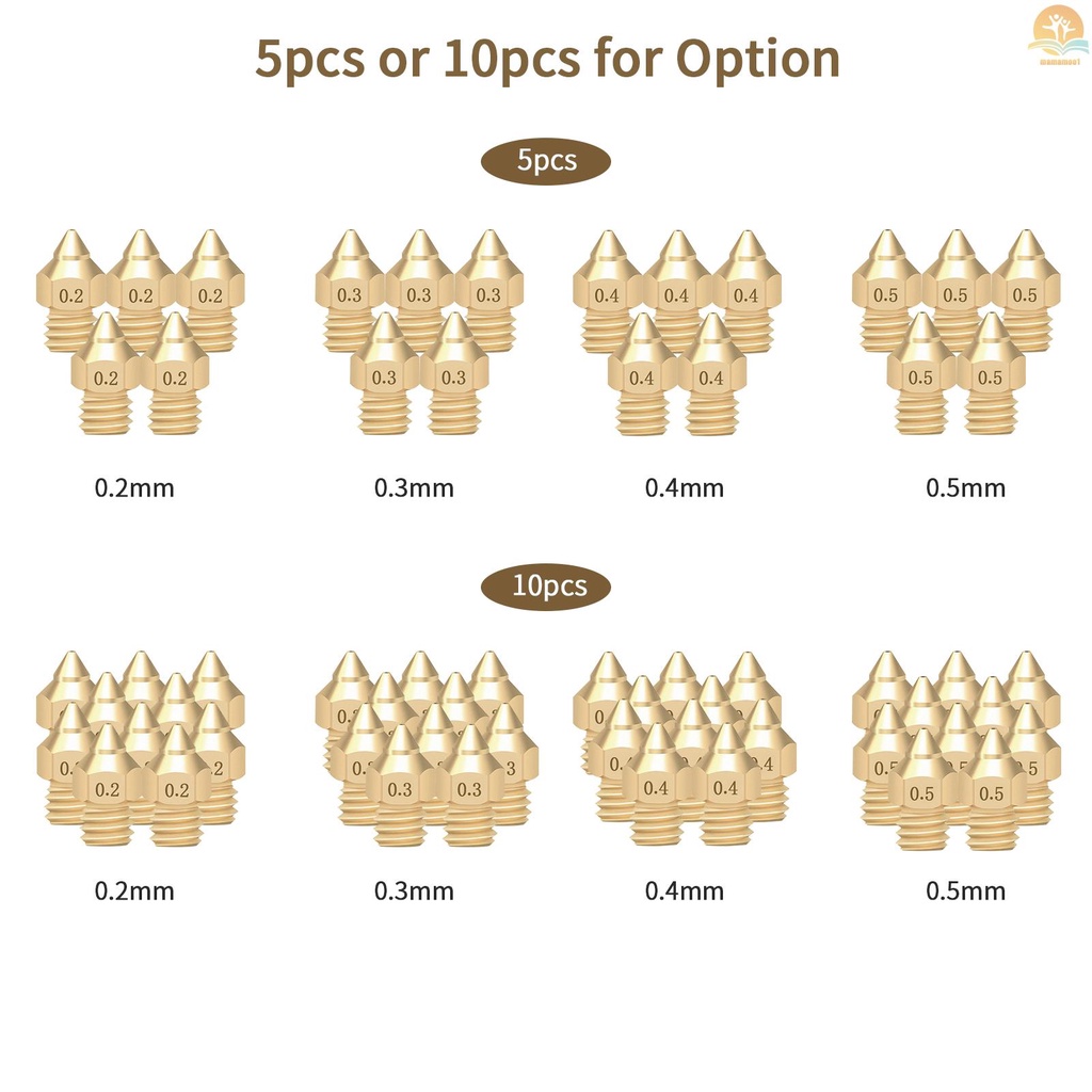 3D Printer Nozzle Brass Copper TTS New Pointed Nozzle 0.2/0.3/0.4/0.5mm M6 Thread Extruder Print Head for Creality CR-6 SE 3D Printer 1.75mm Filament 10pcs